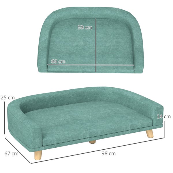 PawHut Hundesofa, Hundebett, Hundesessel mit Erhöhtem Design, Hundecouch mit Holzbeine, Haustiersofa mit Kissen, Katzensofa für große Hunde, 98 x 67 x 25 cm, Grün