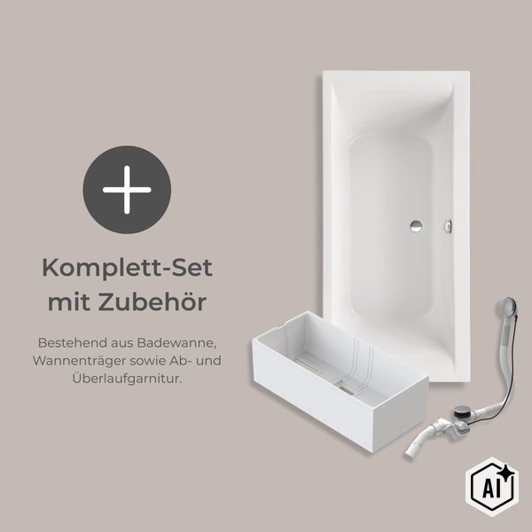 Komplettset Badewanne mit Wannenträger sowie Ab- und Überlaufgarnitur für die Badezimmermontage.