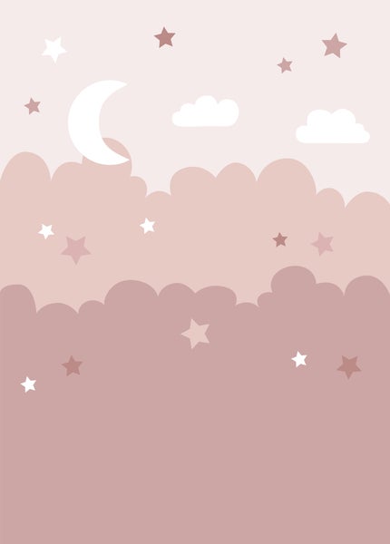 Illustration mit Mond, Wolken und Sternen