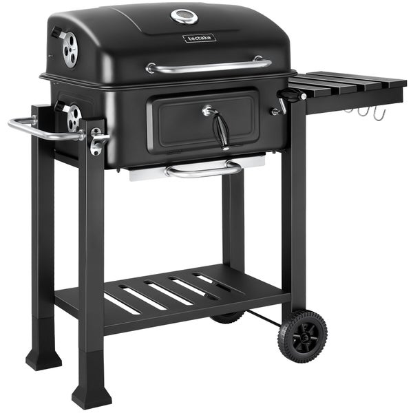 Holzkohlegrill tectake mit Deckel, integriertem Thermometer, Seitenablage und Rollen.