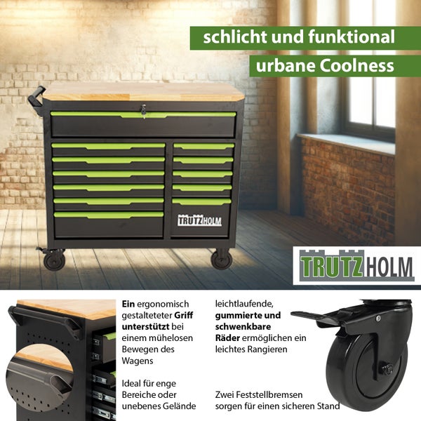 Werkstattwagen mit Holzplatte und mehreren Schubladen