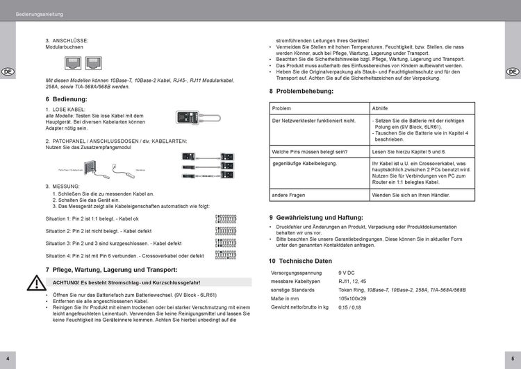 Bedienungsanleitung für Netzwerk-Kabeltester mit Informationen zu Anschlüssen, Bedienung, Fehlerbehebung, technischen Daten und Warnung vor Stromschlag.