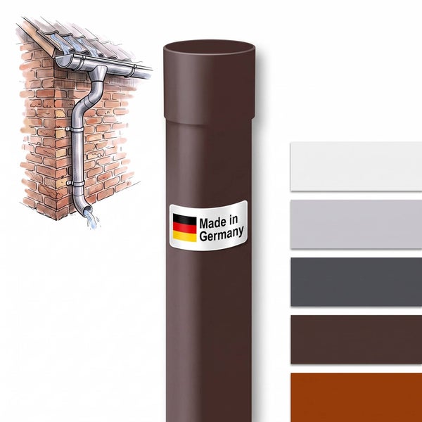 Fallrohr aus Kunststoff für die Dachentwässerung mit einer Illustration der Montage am Haus und Symbol für Herkunft Deutschland