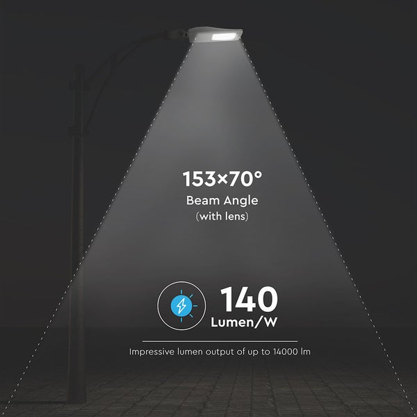 LED-Straßenleuchte mit 153 mal 70 Grad Abstrahlwinkel, 140 Lumen pro Watt und einer Lichtleistung von bis zu 14000 Lumen.