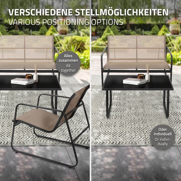 ML-Design Gartenmöbel Set 4-tlg, Taupe, Balkonmöbel aus Stahl & Textilene für 4 Personen, Garten Sitzgruppe mit Glastisch, Sofa und 2 Sesseln, wetterfest, Gartengarnitur Outdoor für Balkon, Terrasse
