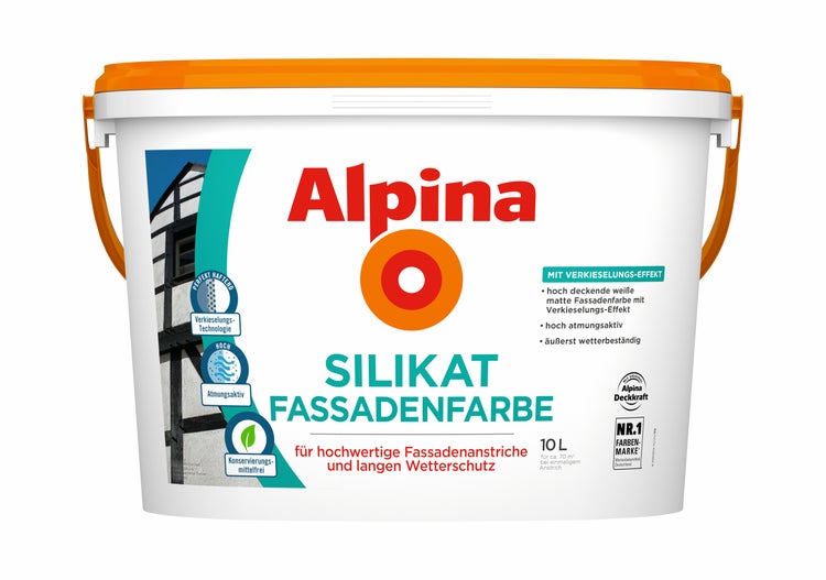 Alpina Logo. Silikat Fassadenfarbe, 10 Liter, Weiß, matt, wetterbeständig, atmungsaktiv, konservierungsmittelfrei, für circa 70 Quadratmeter.