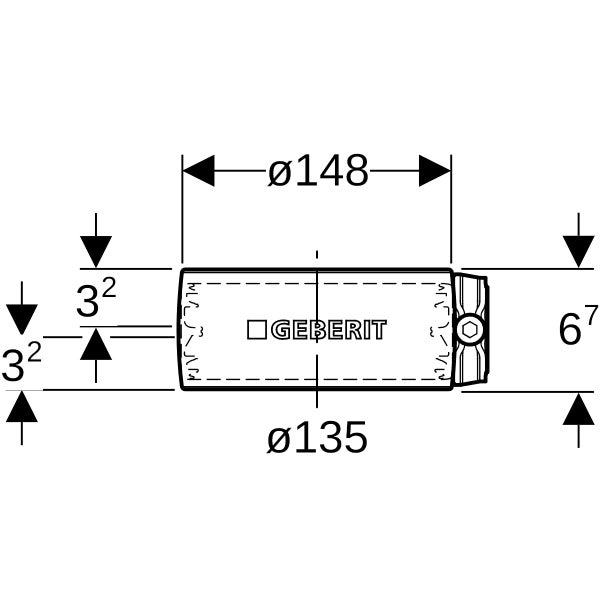 Technische Zeichnung eines zylindrischen Geberit Produkts mit Durchmesser 148 und 135 sowie Seitenmaßen 3,2 und 6,7. Geberit Logo.