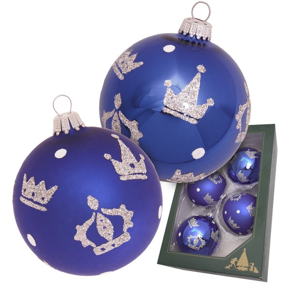 Kugeln Silberne Kronen, Königsblau Satin & Glanz, 7cm, 4 Stck., Weihnachtsbaumkugeln, Christbaumschmuck, Weihnachtsbaumanhänger