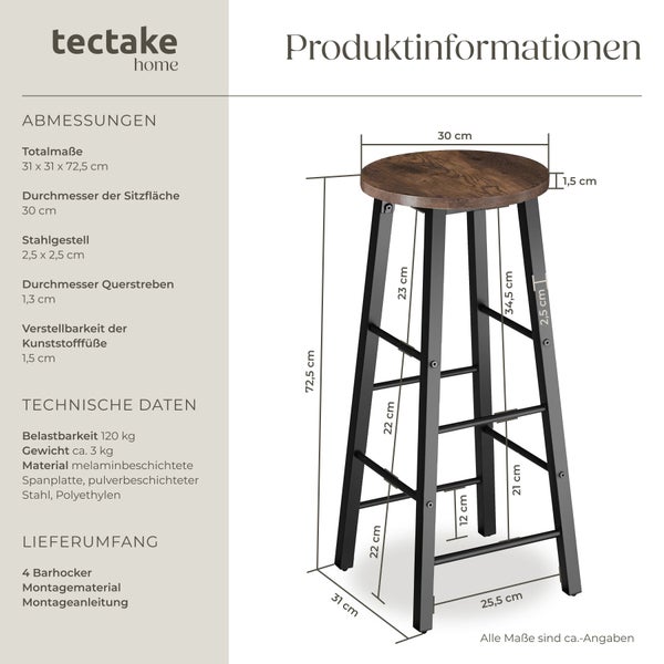 Tectake Home Barhocker mit Maßskizze und technischen Daten im Überblick.