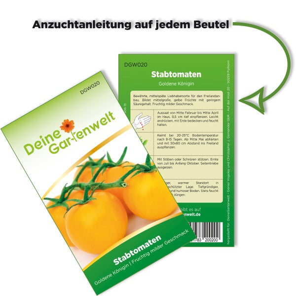 Samentüte für Stabtomaten Goldene Königin von Deine Gartenwelt, zeigt Vorderseite mit Produktabbildung und Rückseite mit Anzuchtanleitung.
