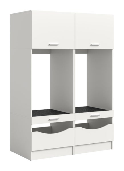 Weißer Waschmaschinenschrank für zwei Geräte mit Oberschränken, ausziehbaren Fachböden und zwei Schubladen im unteren Bereich.