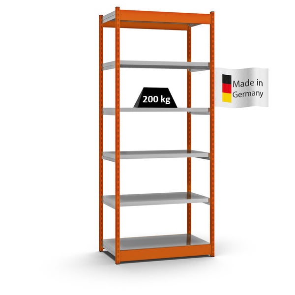 PROREGAL Fachbodenregal Stecksystem Vierkant-Profil Grundregal HxBxT 250 x 102,5 x 50 cm 6 Ebenen Einseitige Bauart Fachlast 200 kg Orange