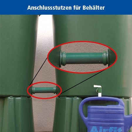 Anschlussstutzen zur Verbindung von zwei Regentonnen, inklusive Detailansicht des Verbindungsstücks.
