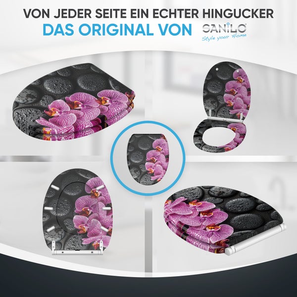 Sanilo WC-Sitz mit lila Orchideen und schwarzen Steinen mit Wassertropfen in verschiedenen Ansichten, Sanilo Logo.