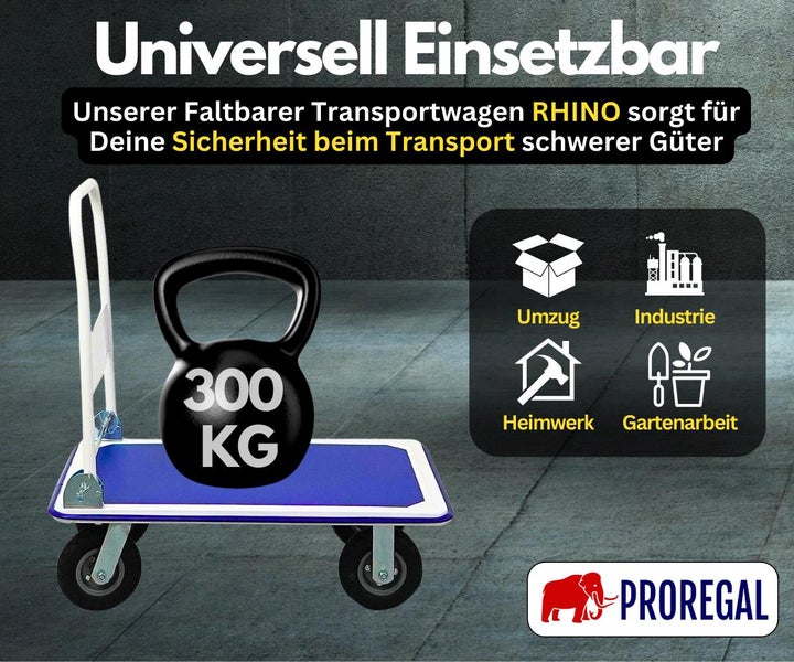 PROREGAL Faltbarer Transportwagen BIG RHINO HxBxT 96 x 90 x 60 cm Tragkraft 300 kg Luftbereifung Rad-Ø 20,3 cm Blau-Grau