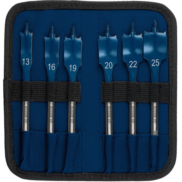 Bosch Holzbohrer Set mit verschiedenen Größen in einer blauen Tasche