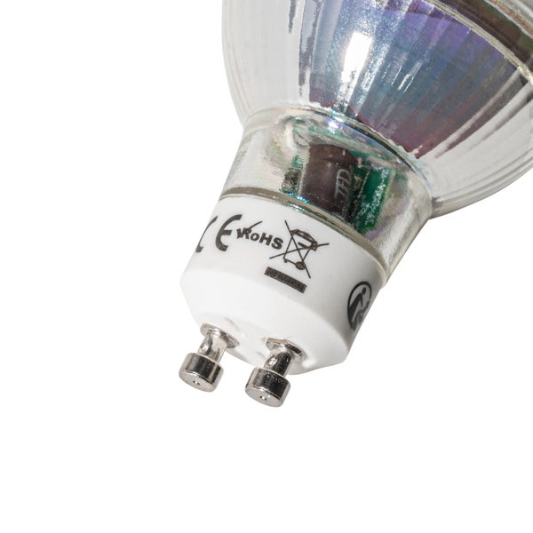 GU10-Lampensockel mit zwei Metallstiften, CE-Kennzeichnung, RoHS-Konformität und Symbol für die getrennte Erfassung von Elektrogeräten.