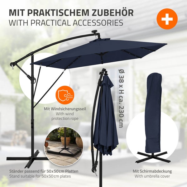 Ampelschirm mit Windschiebesicherung, Schirmständer für Platten und Schutzhülle inklusive.