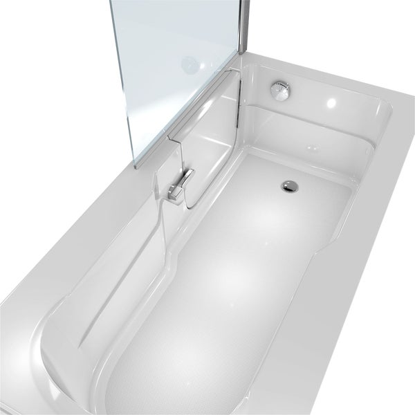 Rechteckige Badewanne mit Einstiegstür und einer Duschabtrennung aus Glas mit silbernem Wandprofil.