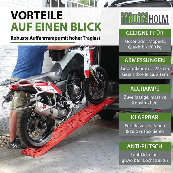 Klappbare Trutzholm Auffahrrampe aus Aluminium für Motorräder und Quads mit einer Traglast von bis zu 680 Kilogramm.