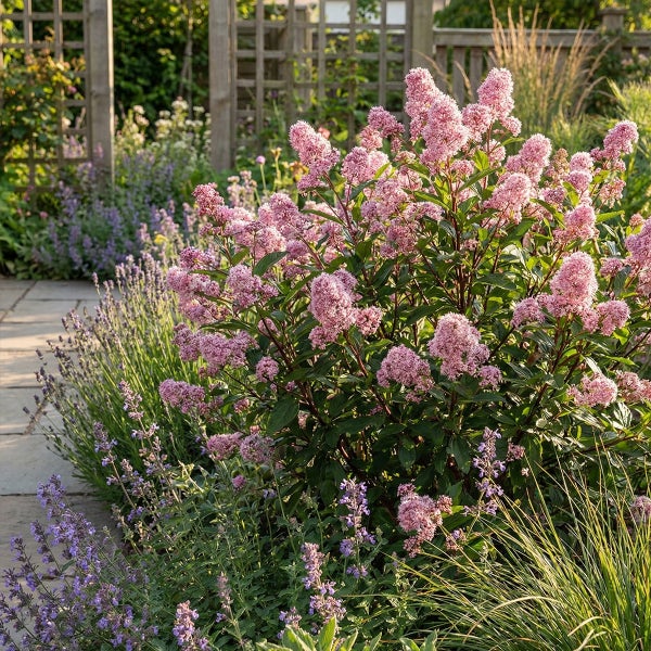 Blühender rosa Strauch in einem hellen Garten mit Lavendel und einem gepflasterten Weg neben einem Holzspalier.