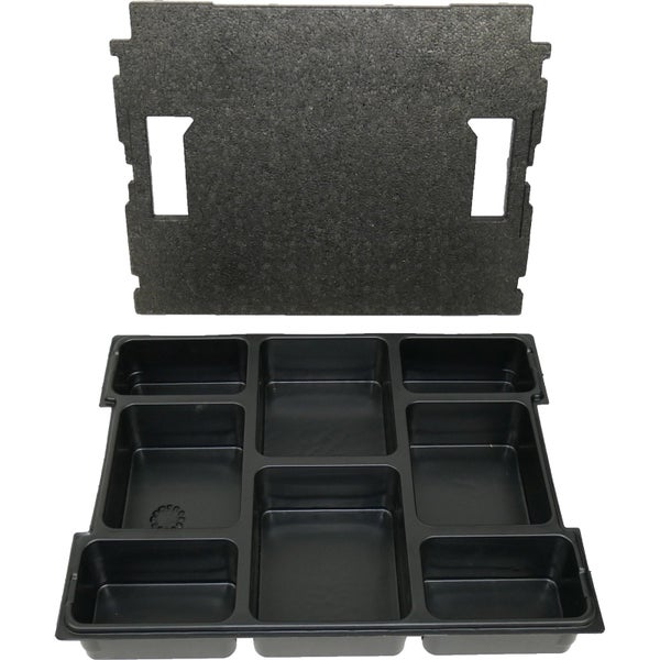 Schwarzer Fächereinsatz aus Kunststoff mit 8 Fächern und passendem schwarzem Schaumstoffdeckel zur Werkzeugaufbewahrung.