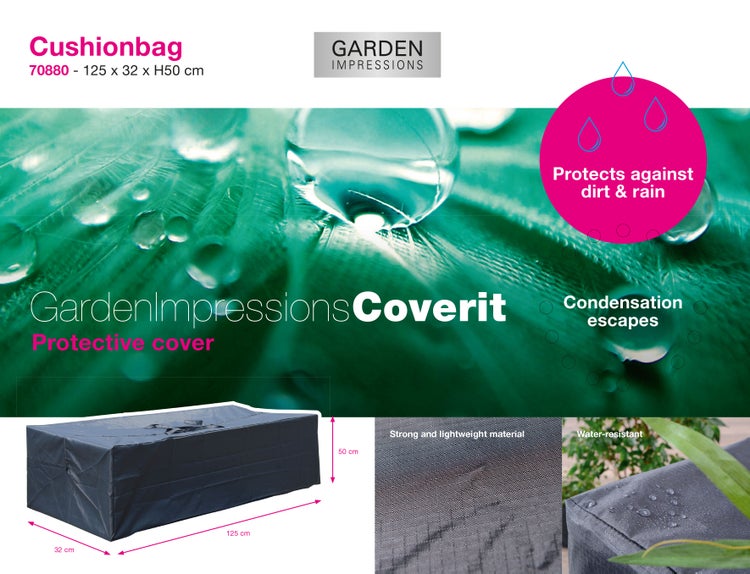 Garden Impressions Logo. Coverit Kissentasche schützt vor Schmutz und Regen, atmungsaktiv. Maße: 125 mal 32 mal 50 Zentimeter.