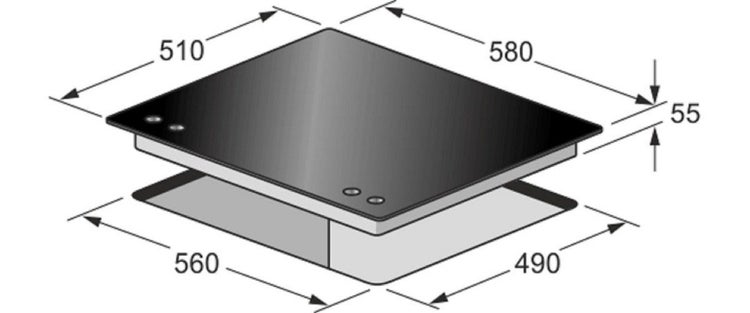 Maßzeichnung eines Induktionskochfeldes mit Angabe der Außenmaße und Ausschnittmaße in Millimetern.
