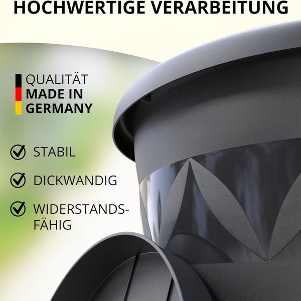Detailansicht eines stabilen, dickwandigen Pflanztopfes mit dem Hinweis auf hochwertige Verarbeitung und Herstellung in Deutschland.