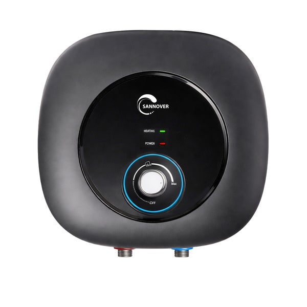 Elektrischer Warmwasserspeicher mit Sannover Logo, schwarzer Front, Drehregler und Kontrollleuchten für Betrieb und Heizung.