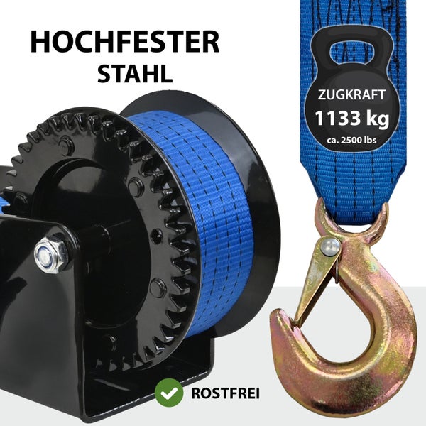 Handseilwinde mit einer Zugkraft von 1133 Kilogramm und Rostfrei-Symbol