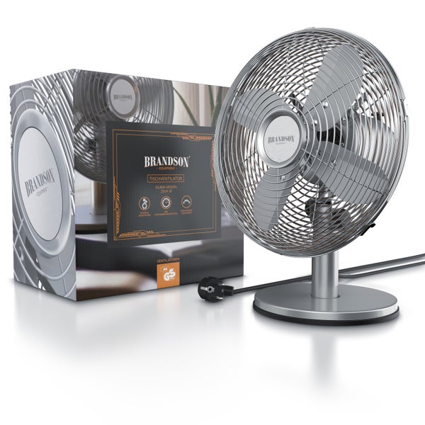 Brandson Tischventilator, mobiler Lüfter, oszillierend 80°, Ventilator mit 3 Geschwindigkeitsstufen, Robustes Voll-Metallgehäuse, Neigung ca. 40°