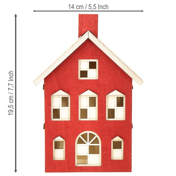 Dekoratives rotes Holzhaus mit Abmessungen 14 mal 19,5 cm