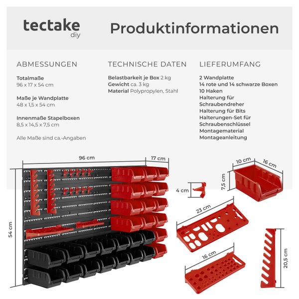 Kleinteilemagazin tectake  inklusive Halterungen für Werkzeug und Zubehör 44-teilig, mit 2 Wandplatten schwarz