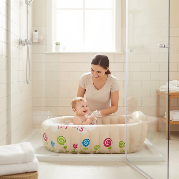 Mutter badet ihr Baby in einer aufblasbaren Babybadewanne in einer modernen Duschkabine mit Fliesen und Holzhocker.