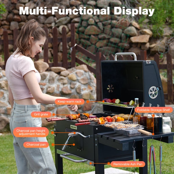 BELONID Holzkohlegrill mit Deckel, Grillfläche: 56×42.5 cm, Höhenverstellbare Kohlenwanne, Faltbarer Seitentisch, Mit Grillabdeckungen Wasserfest