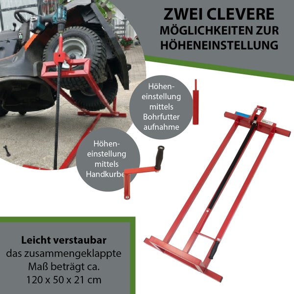 Aufsitzmäher Hebebühne mit Höhenverstellung durch Bohrfutteraufnahme oder Handkurbel