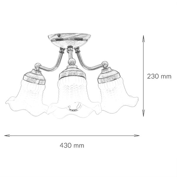 Technische Zeichnung einer Deckenleuchte mit drei Leuchten und den Maßen 430 Millimeter mal 230 Millimeter.