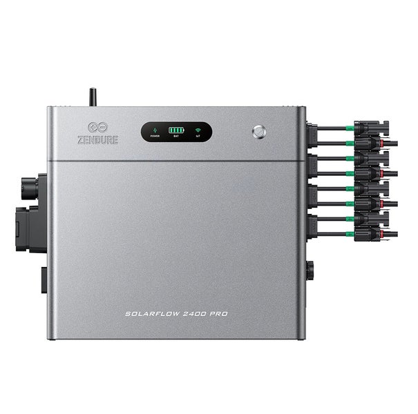 Zendure SolarFlow 2400 Pro smarter Photovoltaik Hub mit Anzeige und Anschlüssen für Solarmodule zur Energieverwaltung.