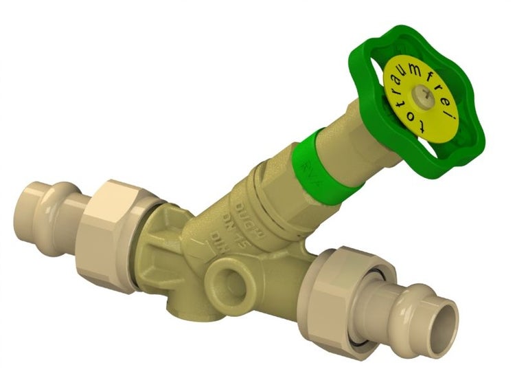 Schrägsitz-Freistromventil mit Pressanschlüssen Durchmesser Nennweite 15 aus Messing für Trinkwasserinstallationen mit totraumfreiem Handrad.