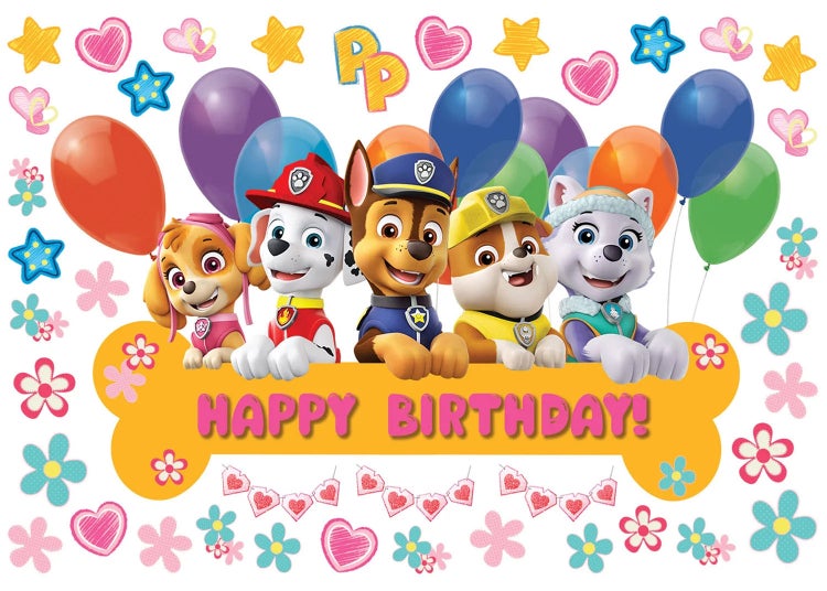 Paw Patrol Geburtstagsdekoration mit den Charakteren Skye, Marshall, Chase, Rubble und Everest, Luftballons und dem Schriftzug Happy Birthday.