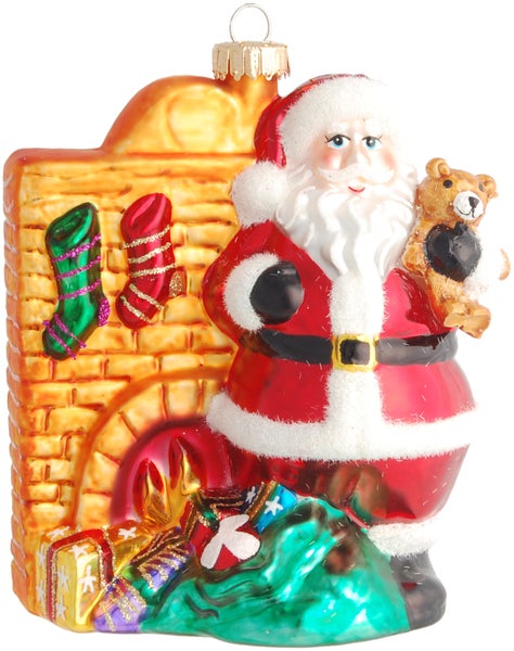 Santa am Kamin 12cm, Glasornament, mundgeblasen und handekoriert, 1 Stck., Weihnachtsbaumkugeln, Christbaumschmuck, Weihnachtsbaumanhänger