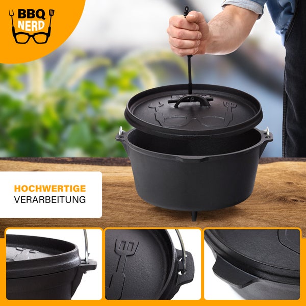 BBQ-Nerd Dutch Oven Starter 3,1L mit Füßen | bereits eingebrannt - preseasoned | Gusseisen Feuertopf, Bräter mit Deckel inkl. Deckelheber | Feuerfester Grill & Camping Kochtopf, Grilltopf