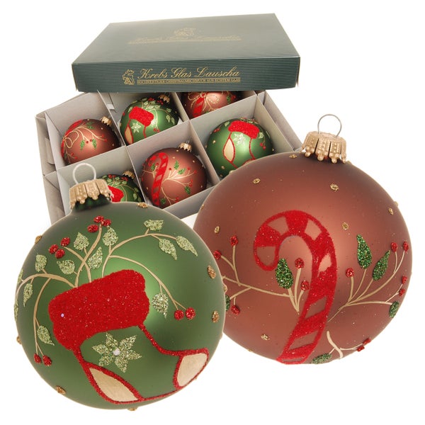 Glaskugel-Set Zuckerstangen & Strümpfe (Weihnachtswald), Moosgrün/Braun Satin, 6-teilig, 8cm, 6 Stck., Weihnachtsbaumkugeln, Christbaumschmuck, Weihnachtsbaumanhänger