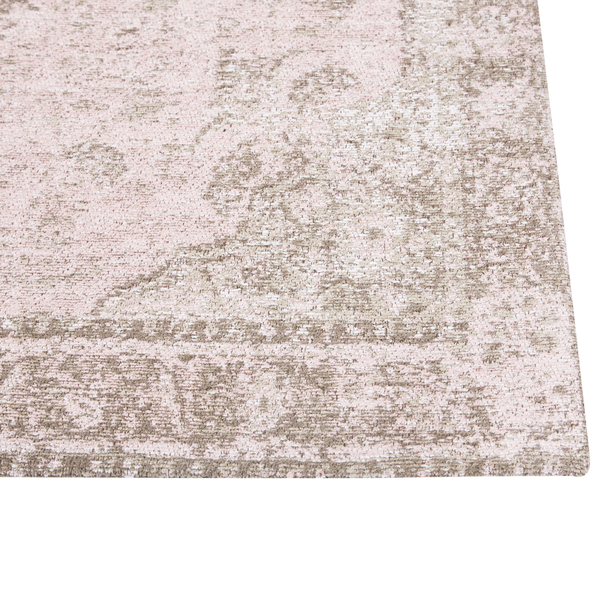 Webteppich in Rosa und Grau mit orientalischem Muster im Vintage-Stil, Kurzflor.