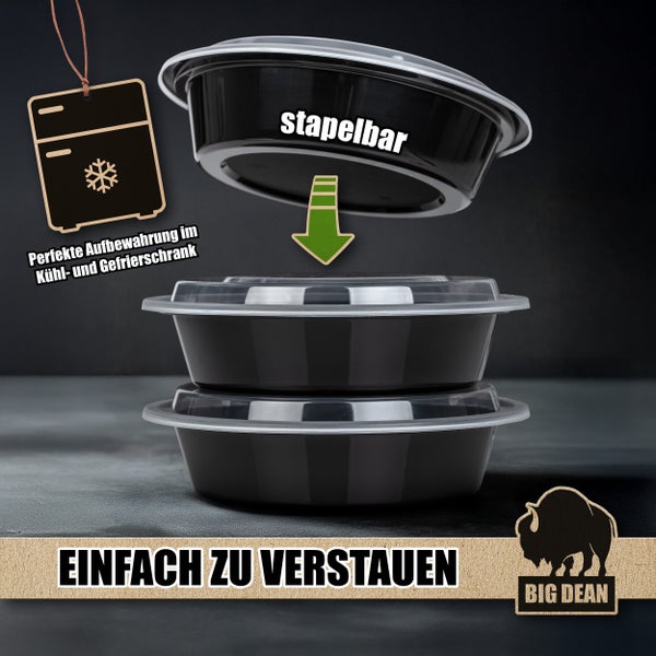 Stapelbare schwarze Kunststoff-Frischhaltedosen mit transparentem Deckel, geeignet für Kühlschrank und Gefrierschrank. Big Dean Logo.