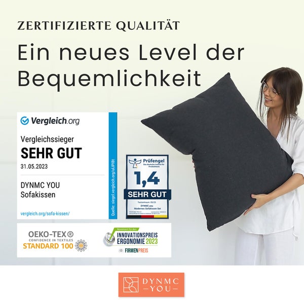 DYNMC you Sofakissen mit Füllung und Bezug - 2er Set 60x80 mit Viel Füllung - VERGLEICHSSIEGER SEHR GUT - Rückenkissen mit Oeko-TEX-Baumwoll-Bezug - Bequeme Dekokissen - Couchkissen Anthrazit