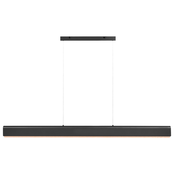 Moderne, längliche Pendelleuchte aus schwarzem Metall und hellem Holz mit rechteckigem Baldachin.