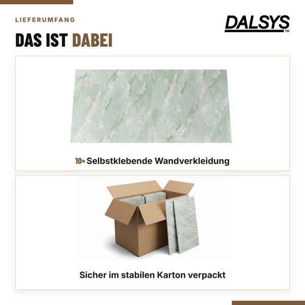 Lieferumfang mit 10 Dalsys selbstklebenden Wandverkleidungsplatten in Marmoroptik, sicher verpackt im stabilen Karton.