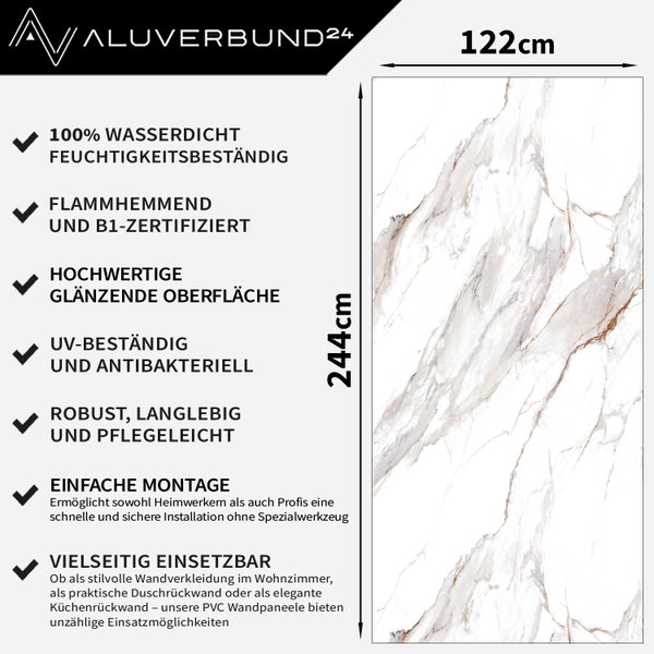 Aluverbund24 Logo. Paneel mit Marmorstruktur, 122 mal 244 Zentimeter, wasserdicht, feuchtigkeitsbeständig, schwer entflammbar, B1-zertifiziert, UV-beständig und antibakteriell